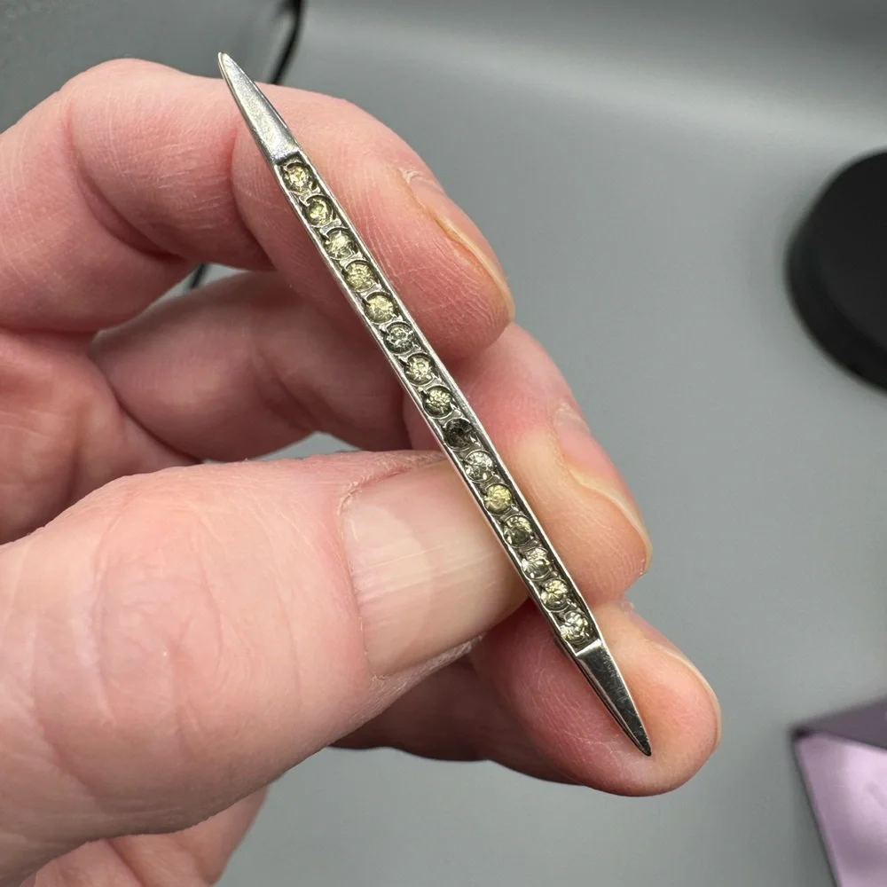 Vintage Art Deco Sterling Silver‎ Bar Pin Brooch with Clear Rhinestones Crystal